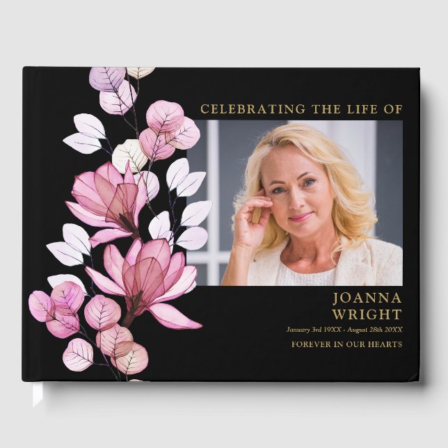 Pink Floral Funeral Celebration Of Life Photo Guest Book (Front)