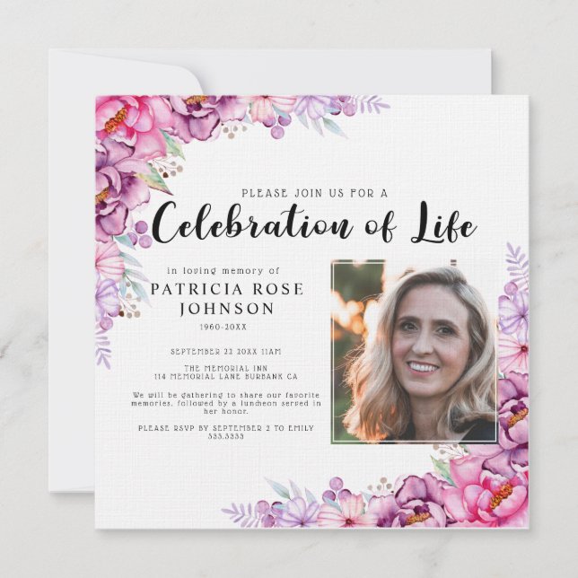 Pink Floral Funeral Celebration of Life Photo Invitation (Front)