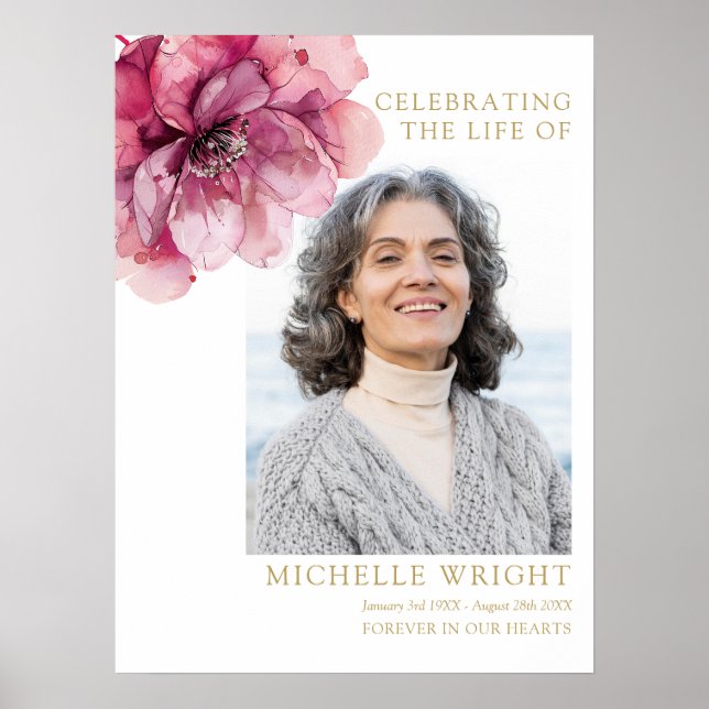 Pink Floral Funeral Celebration Of Life Photo Sign (Front)