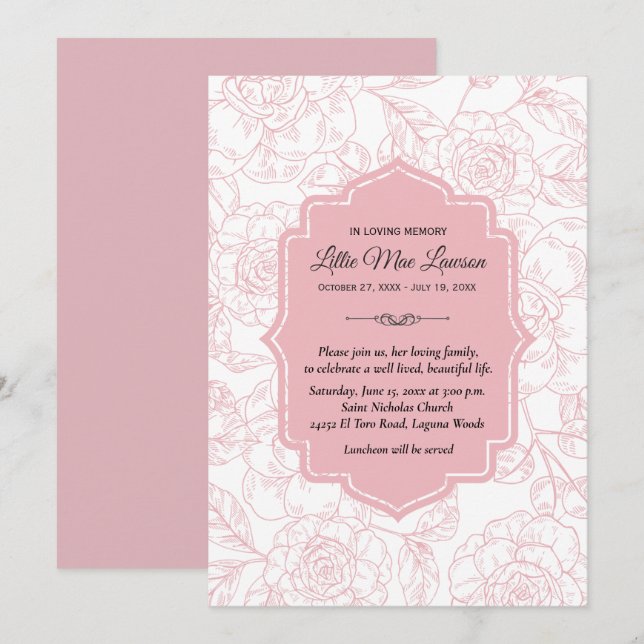 Pink Floral Funeral Memorial Remembrance Invites (Front/Back)