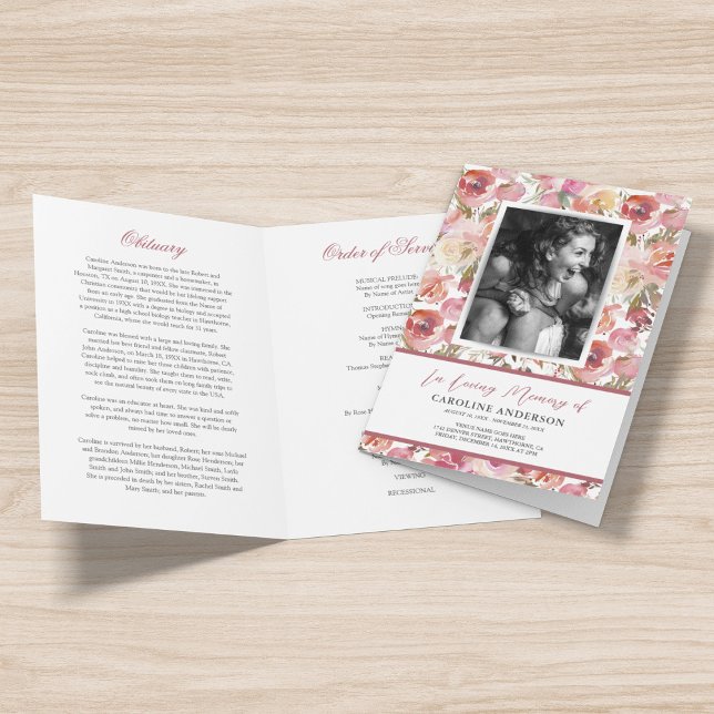Pink Floral Funeral Order of Service Photo Program Programme (Creator Uploaded)