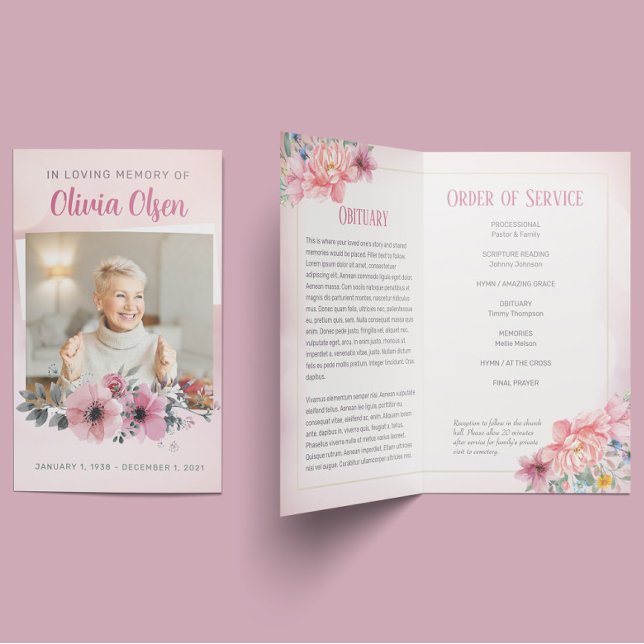 Pink Floral Funeral Pamphlet Order of Service Flyer (Creator Uploaded)