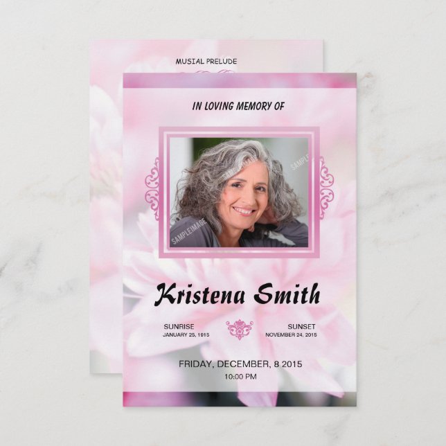 Pink Floral Funeral Program Card Template (Front/Back)