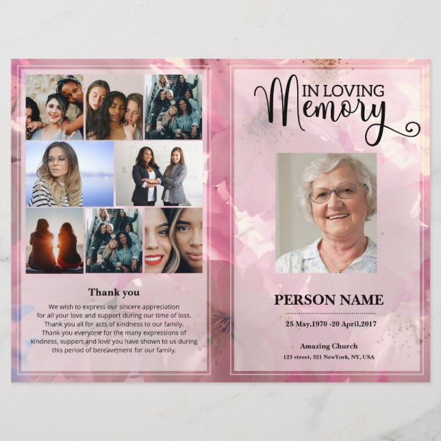 Pink Floral Funeral Program template (Front)