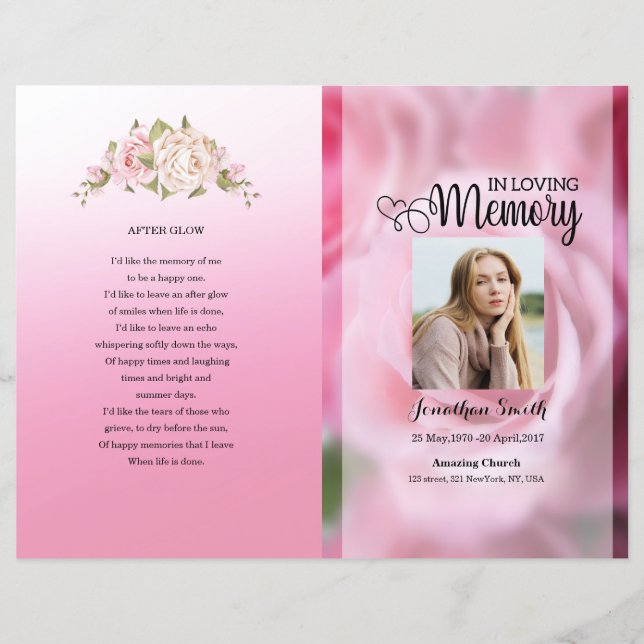 Pink floral Funeral Program template (Front)