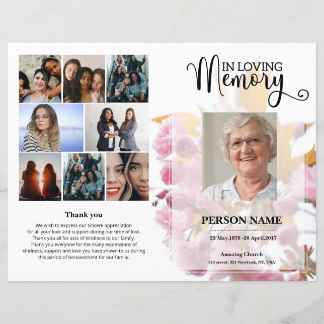 Pink Floral Funeral Program template (Front)