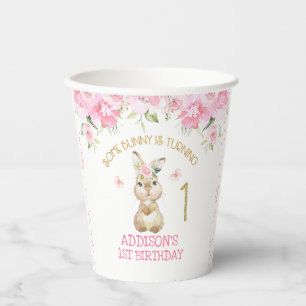 Pink Floral Furry Bunny First Birthday Paper Cups