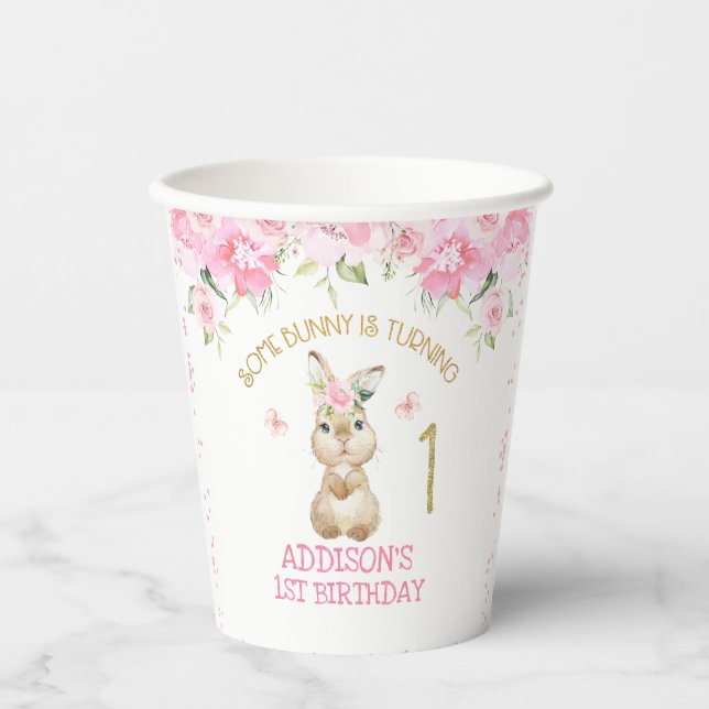 Pink Floral Furry Bunny First Birthday Paper Paper Cups (Front)