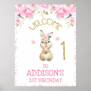 Pink Floral Furry Bunny First Birthday Welcome Poster