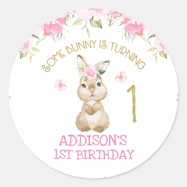 Pink Floral Furry Bunny Gold One First Birthday Classic Round Sticker (Front)