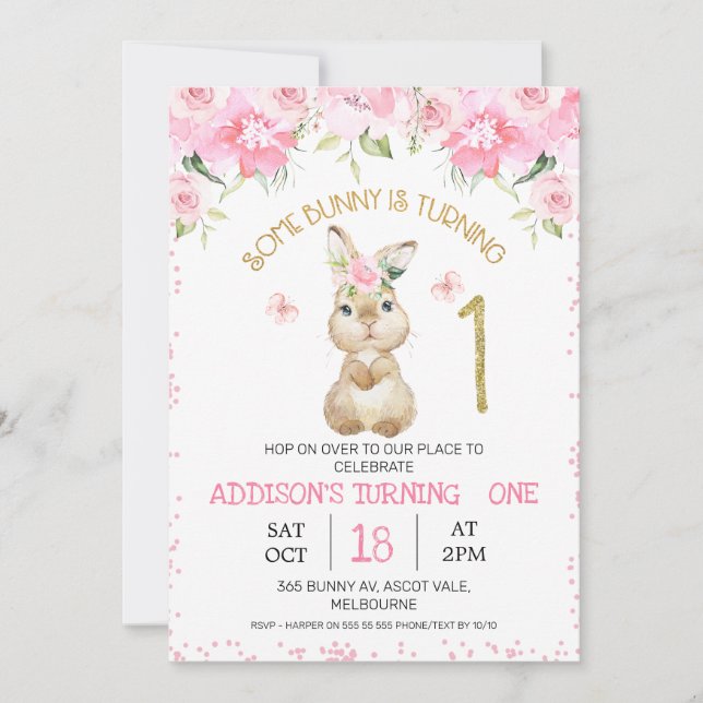 Pink Floral Furry Bunny Gold One First Birthday Invitation (Front)