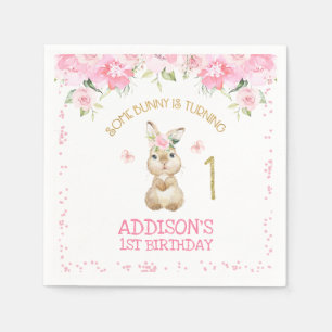 Pink Floral Furry Bunny Gold One First Birthday Napkin