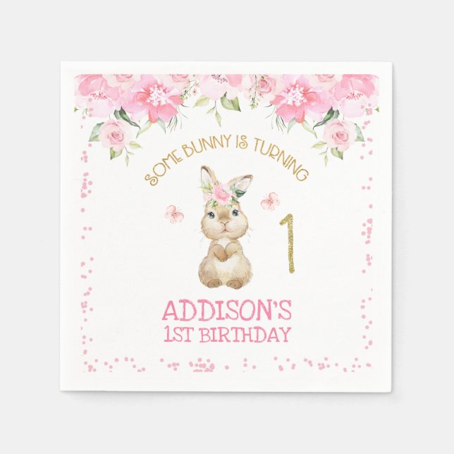 Pink Floral Furry Bunny Gold One First Birthday Napkin (Front)