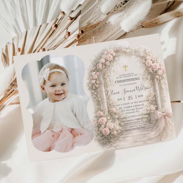 Pink Floral Garden Bow Baptism Christening Photo Invitation (Creator Uploaded)