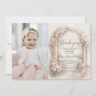 Pink Floral Garden Bow Baptism Christening Photo Thank You Card