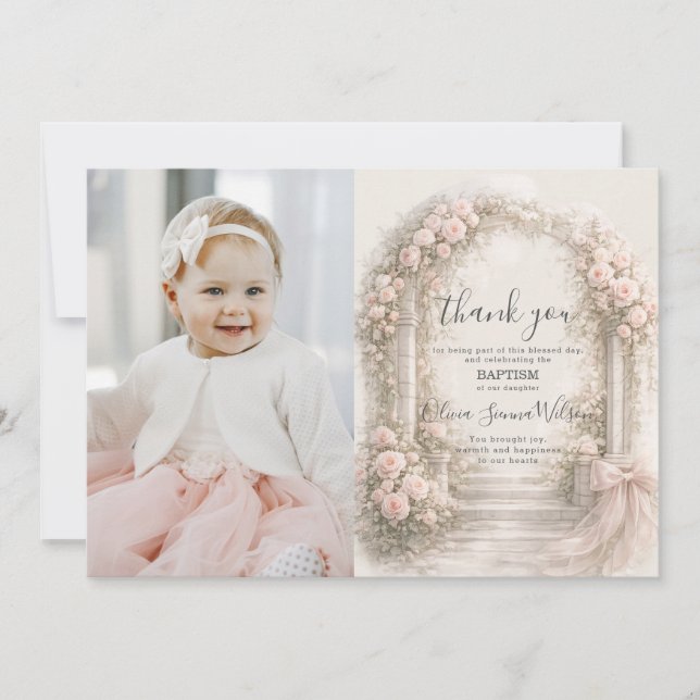 Pink Floral Garden Bow Baptism Christening Photo Thank You Card (Front)