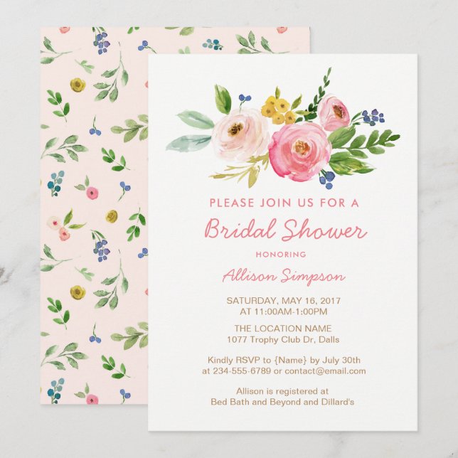 Pink Floral Garden Bridal Shower Invitation Cards (Front/Back)