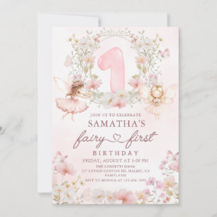 Pink Floral Garden Fairy First Birthday Invitation