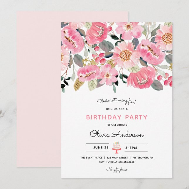 Pink Floral Garden Girl Birthday Invitation (Front/Back)