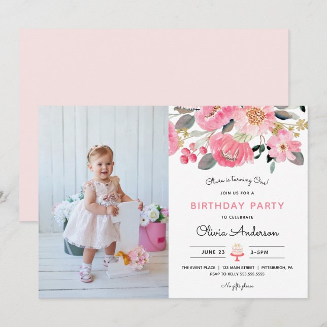 Pink Floral Garden Girl Photo Birthday Invitation (Front/Back)