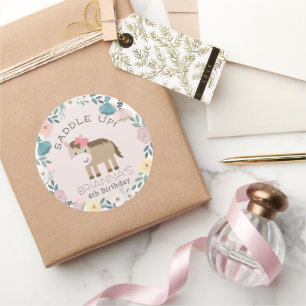 Pink Floral Garden Horse Girl Birthday Classic Rou Classic Round Sticker
