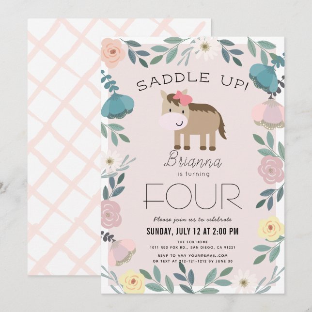 Pink Floral Garden Horse Girl Birthday Invitation (Front/Back)