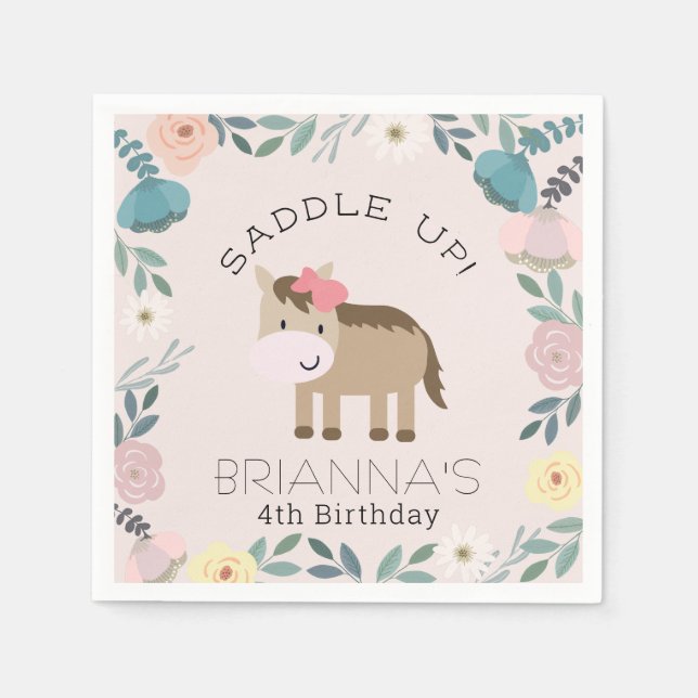 Pink Floral Garden Horse Girl Birthday Napkins (Front)