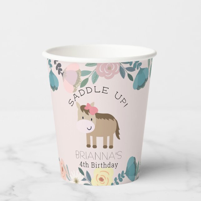 Pink Floral Garden Horse Girl Birthday Paper Cups (Front)