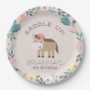 Pink Floral Garden Horse Girl Birthday Paper Plate