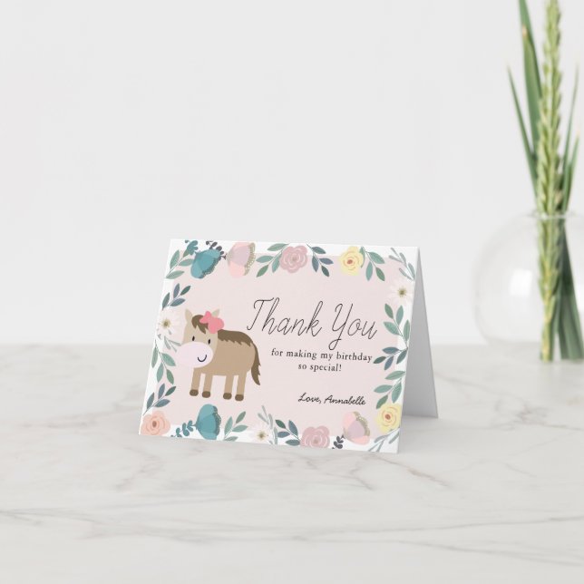 Pink Floral Garden Horse Girl Birthday Thank You Card (Front)