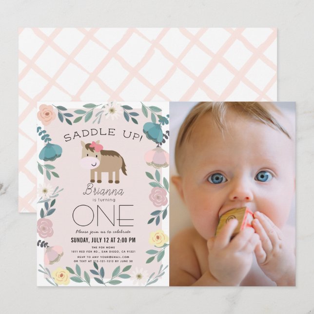 Pink Floral Garden Horse Girl Photo 1st Birthday Invitation (Front/Back)