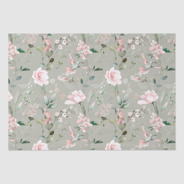 Pink Floral Garden Hummingbird  Tissue Paper (Front)