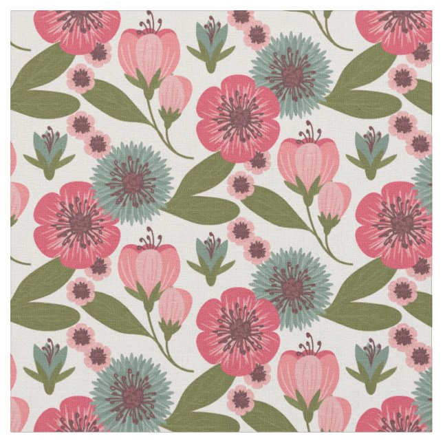 Pink Floral Garden Pattern Fabric (Close Up)
