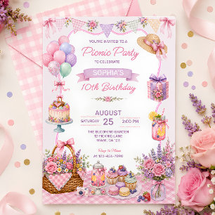 Pink Floral Garden Picnic Birthday Party Invitation