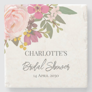 Pink Floral Garden Spring Bridal Shower Stone Coaster