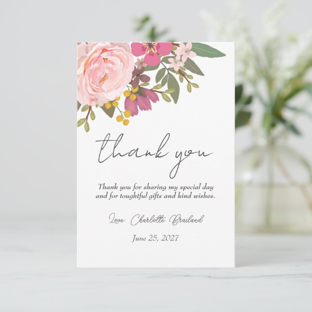 Pink Floral Garden Spring Bridal Shower  Thank You Card (Standing Front)