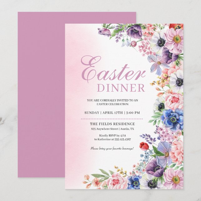 Pink Floral Garden Spring Easter Dinner Invitation (Front/Back)