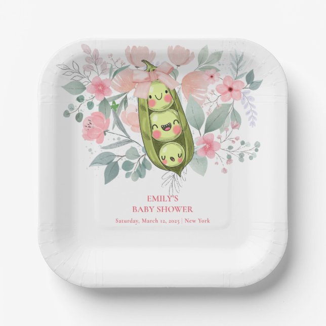 Pink Floral Garden Sweet Pea In Pod Baby Shower  Paper Plate (Front)