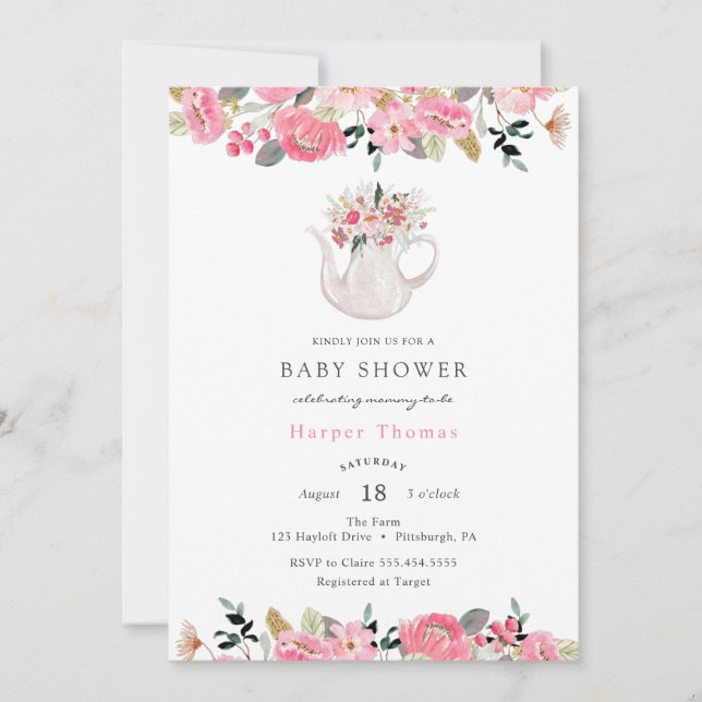 Pink Floral Garden Tea Party Baby Shower Invitation (Front)