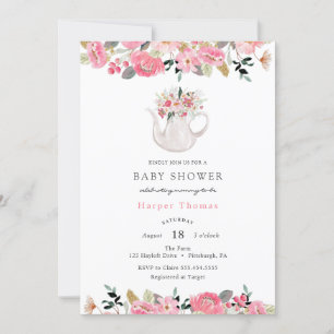 Pink Floral Garden Tea Party Baby Shower Invitation