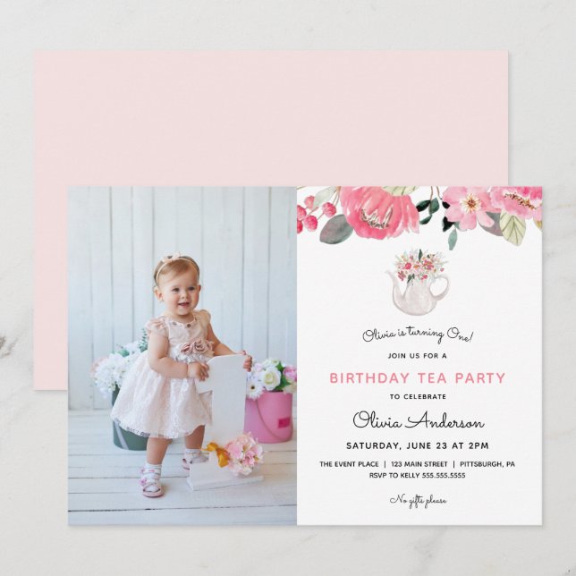 Pink Floral Garden Tea Party Birthday Invitation (Front/Back)