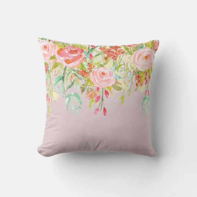 Pink Floral Garden Watercolor Cushion (Front)