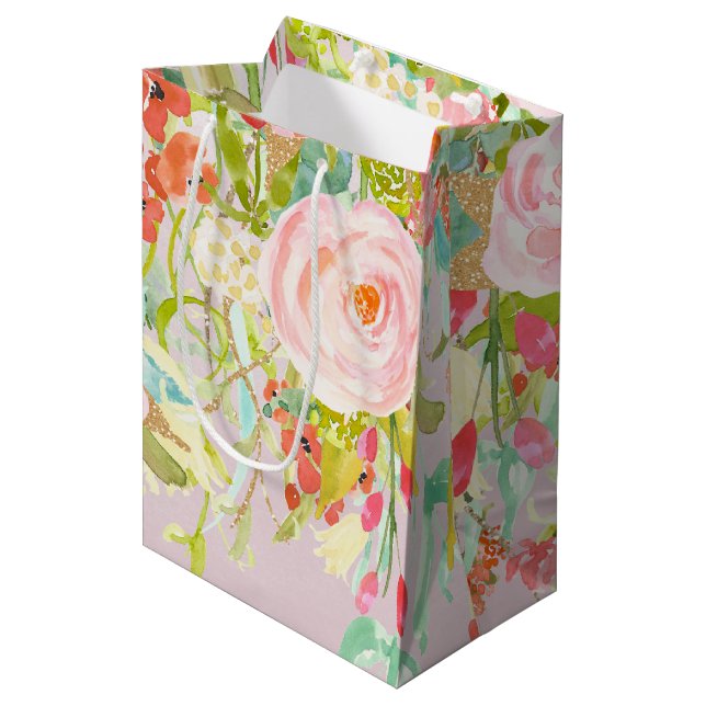 Pink Floral Garden Watercolor Medium Gift Bag (Front Angled)