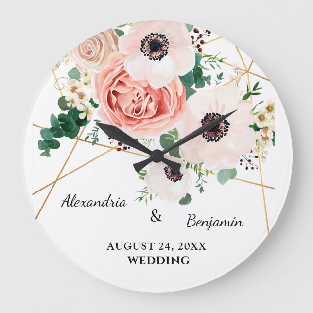 Pink Floral Garden Wedding Anniversary Personalise Large Clock (Front)