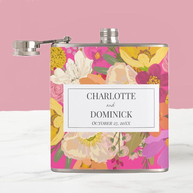 Pink Floral Garden Wedding Couples Names  Hip Flask (Creator Uploaded)