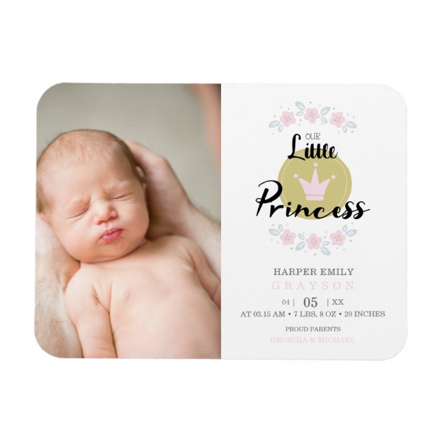 Pink Floral Garland Princess Crown Newborn Girl Magnet (Horizontal)