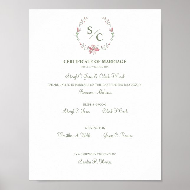 Pink Floral Garland Symbolyc Wedding Certificate Poster (Front)