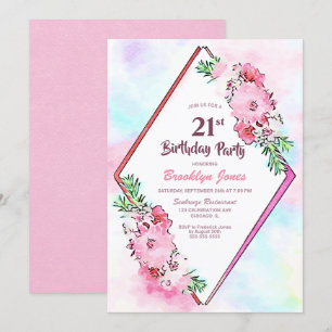 Pink Floral Geometric 21st Birthday Party Invitation