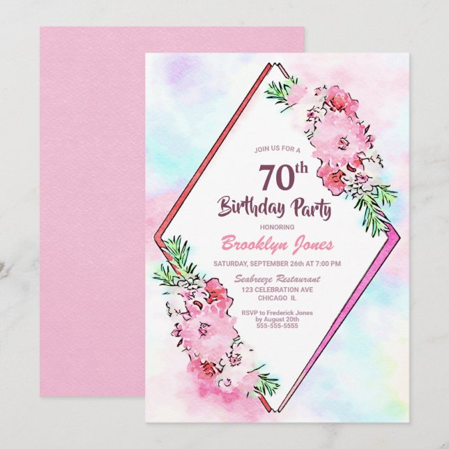 Pink Floral Geometric 70th Birthday Invitation (Front/Back)