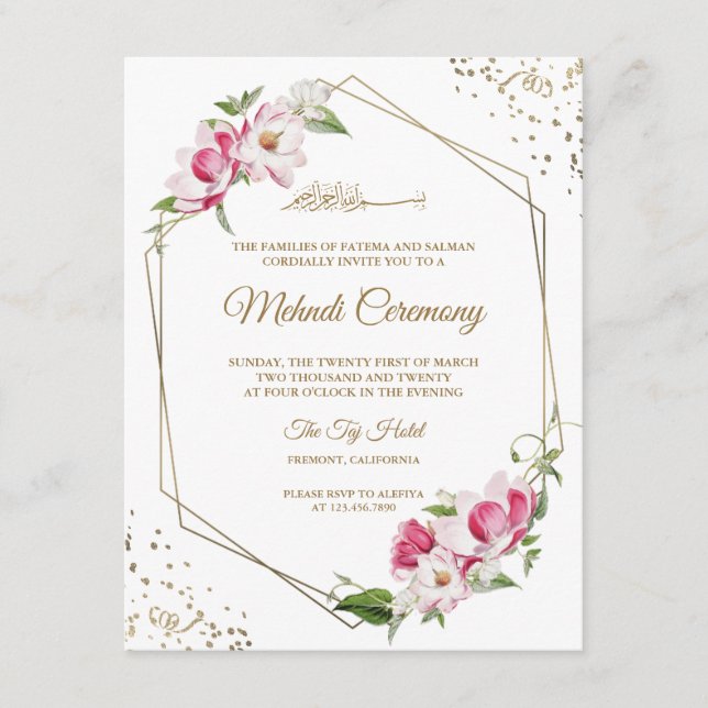 Pink Floral Geometric Gold Frame Islamic Mehndi Enclosure Card (Front)